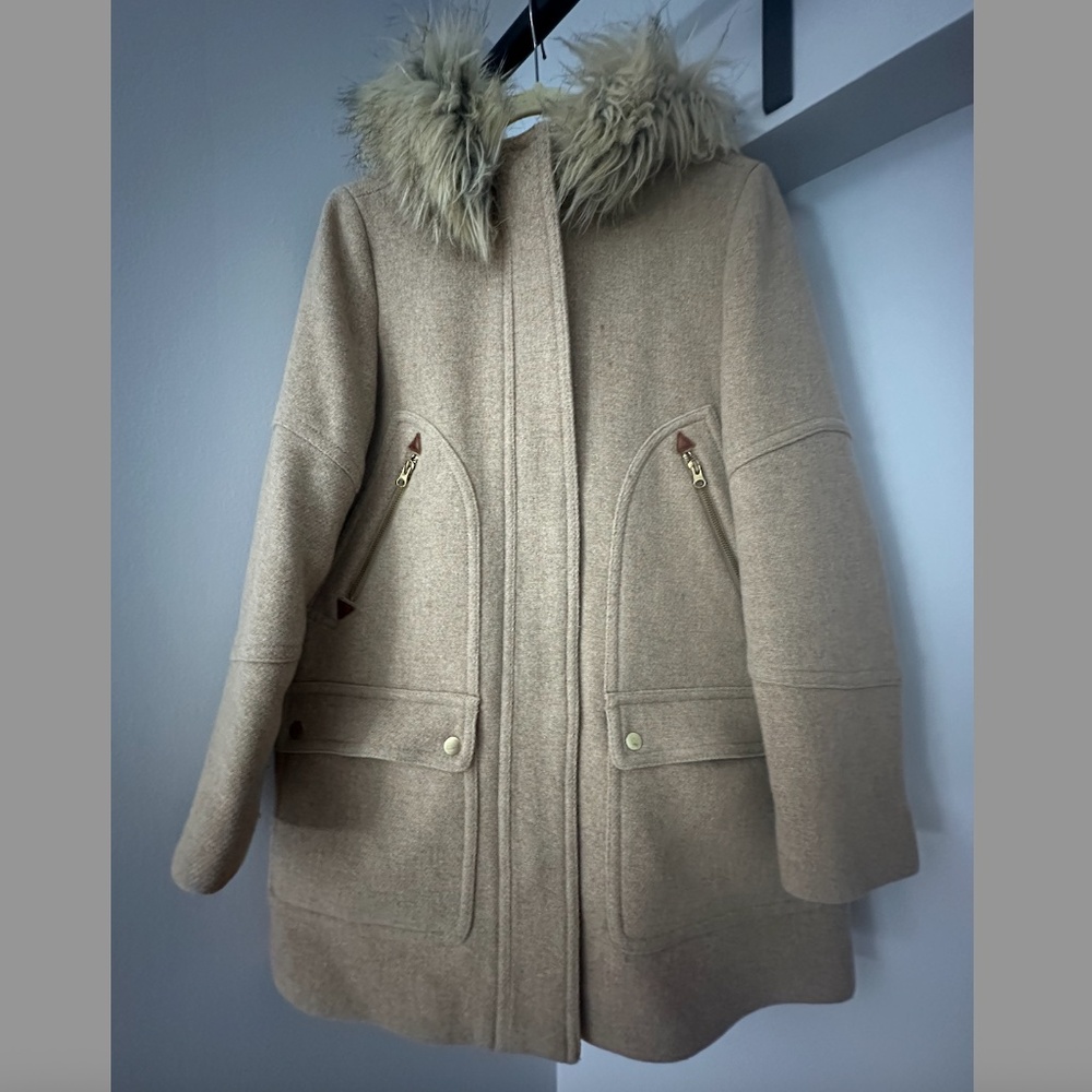 J.Crew Chateau Parka in Italian Stadium-Cloth Wool Coat – Tan, Size 12, Faux Fur